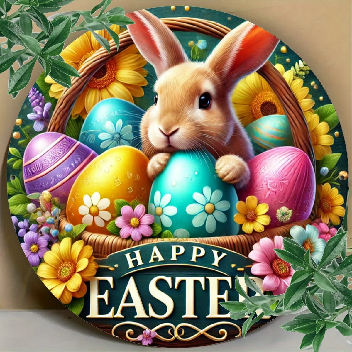 Ein Osterhase und florales kreisförmiges Holzschild, eine langlebige Feiertagsdekoration, geeignet für Häuser, Restaurants, Zimmer und Cafés