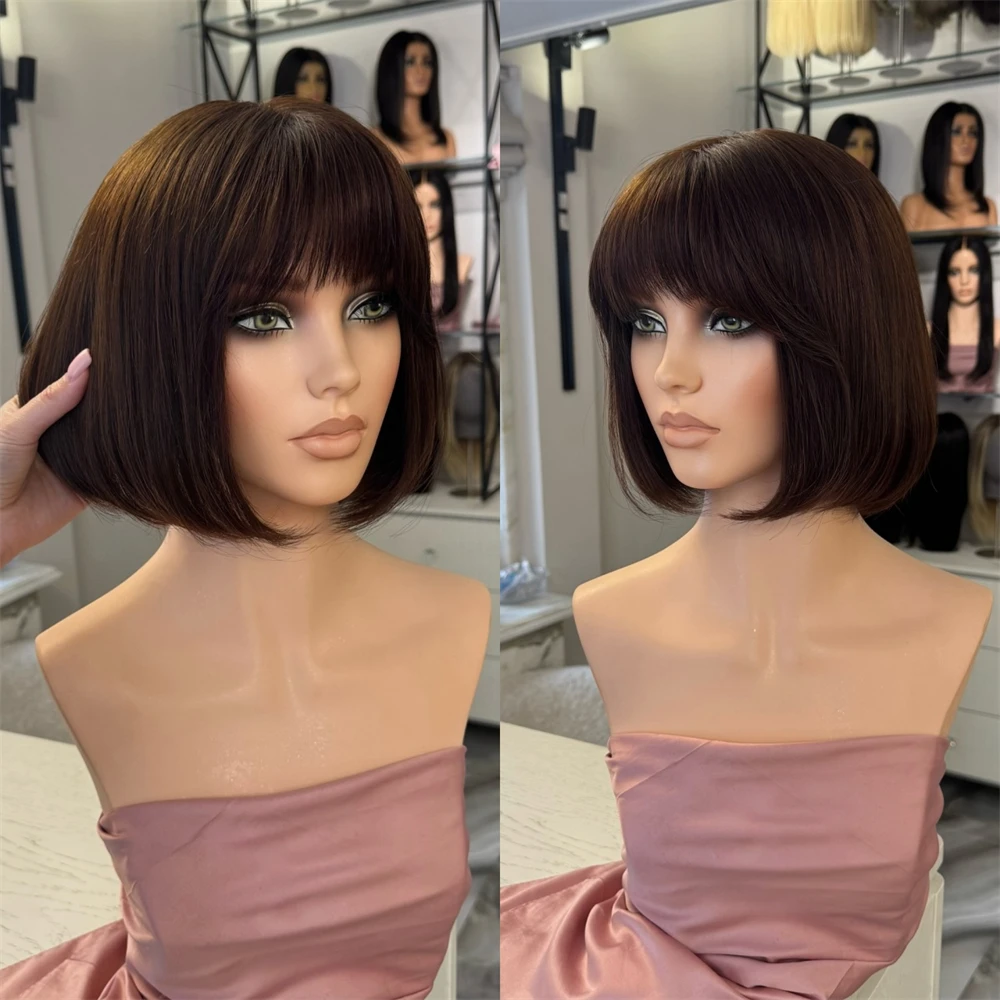 

Luxury Dark Brown Brown HD Transparent Lace Wigs With Bangs Highlight Short Straight Bob 180% Density Wig Small Large Size Cap