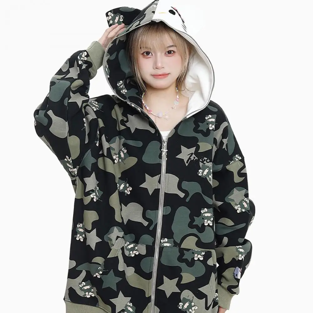 Anime Autumn Y2K Hello Kitty Hoodie Hooded Sanrioed Couple Outfit Cotton Cute Cardigan Jacket Camouflage Coat Men Women Student