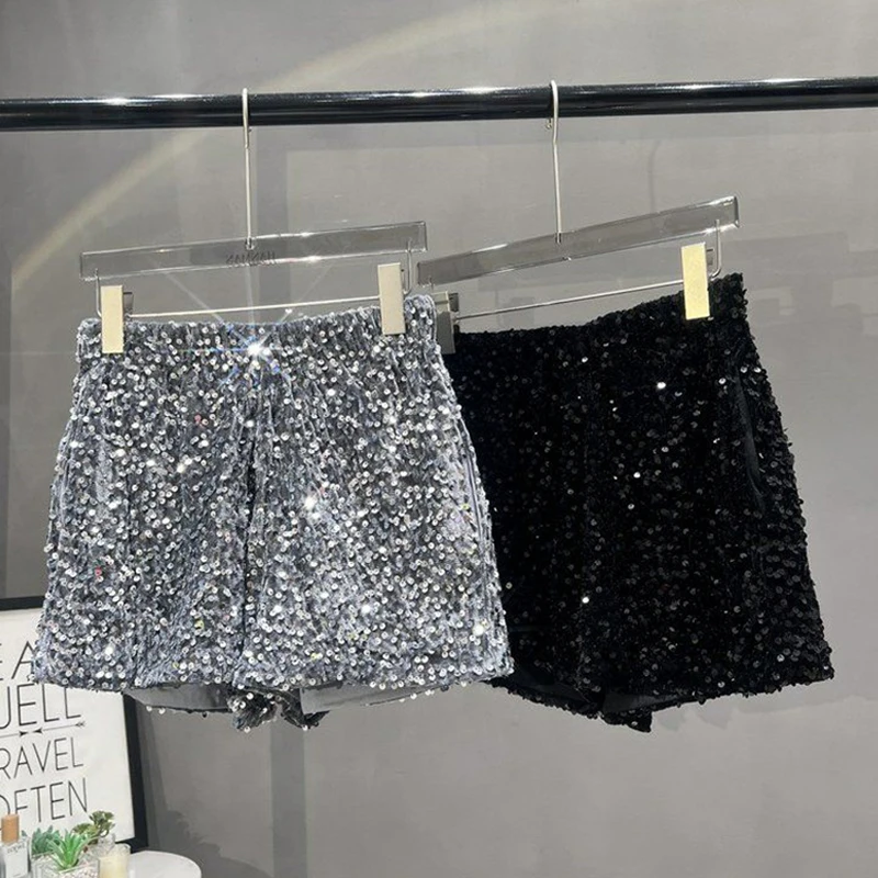 Damen Pailletten-Shorts mit elastischem Bund, glitzernde Hose, schmale Passform, lässige Hose, Nachtclub, Halloween, Festival, Party, Bühnenshow, Y2K-Shorts – Detail 1