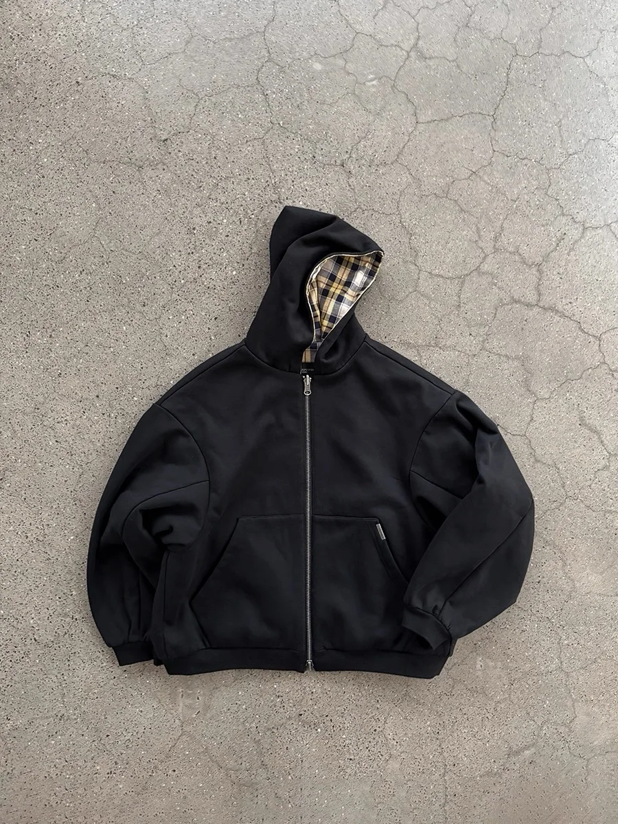 الكورية الأصفر منقوشة على الوجهين سستة سوداء البلوز هوديي الرجال والنساء الأمريكية الرجعية الأزياء عارضة سترة فضفاضة