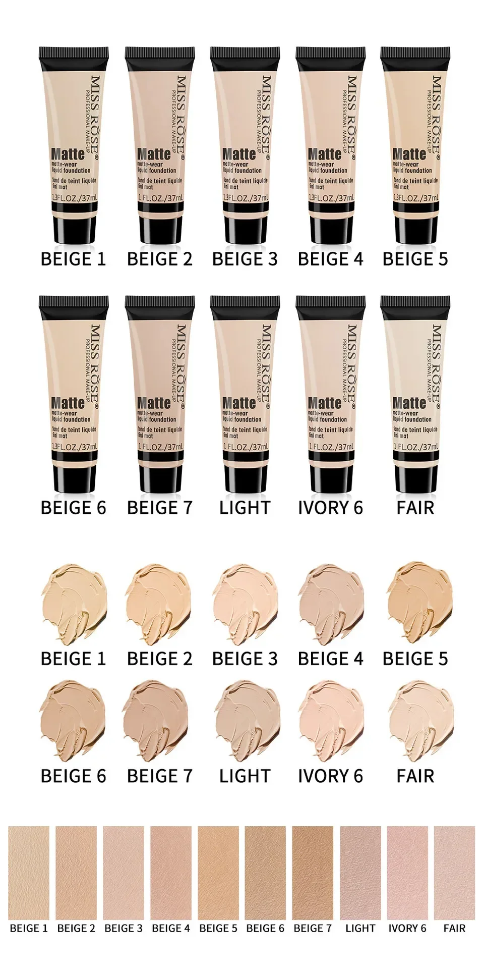 Miss Rose Long-Lasting Natural Nude Matte Foundation Makeup Face Mineral Pigment Liquid Foundation Concealer Full Coverage