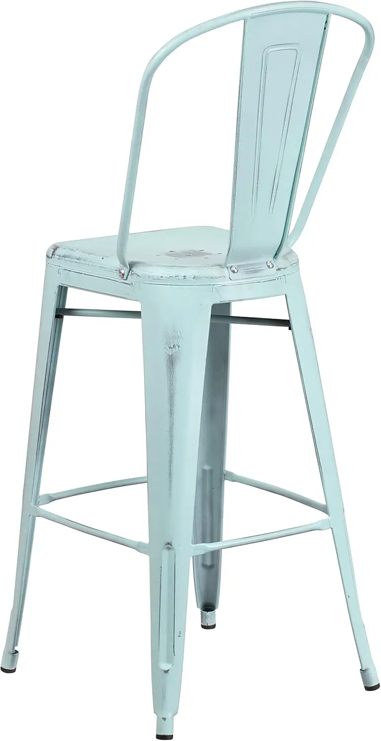 Handels üblicher 30 "" High Distressed Green-Blue Metall Indoor-Outdoor Barhocker mit Rückenlehne