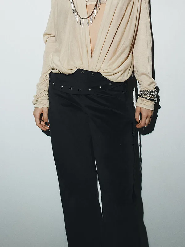 

Зимние брюки-клеш с высокой талией для женщин, высококачественные модные универсальные брюки с заклепками и шарфом, брюки Sle