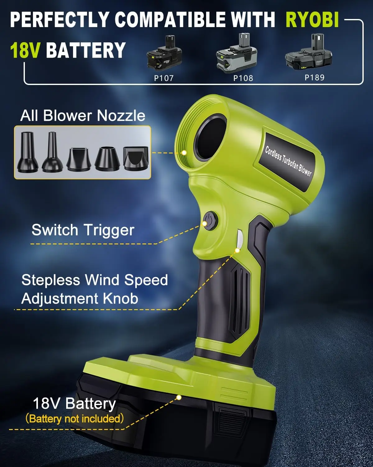 Аккумуляторная воздуходувка для листьев Ryobi 18 В — бесщеточный двигатель, 130 тыс. об/мин, легкая воздуходувка для листьев и снега (батарея в комплект не входит)