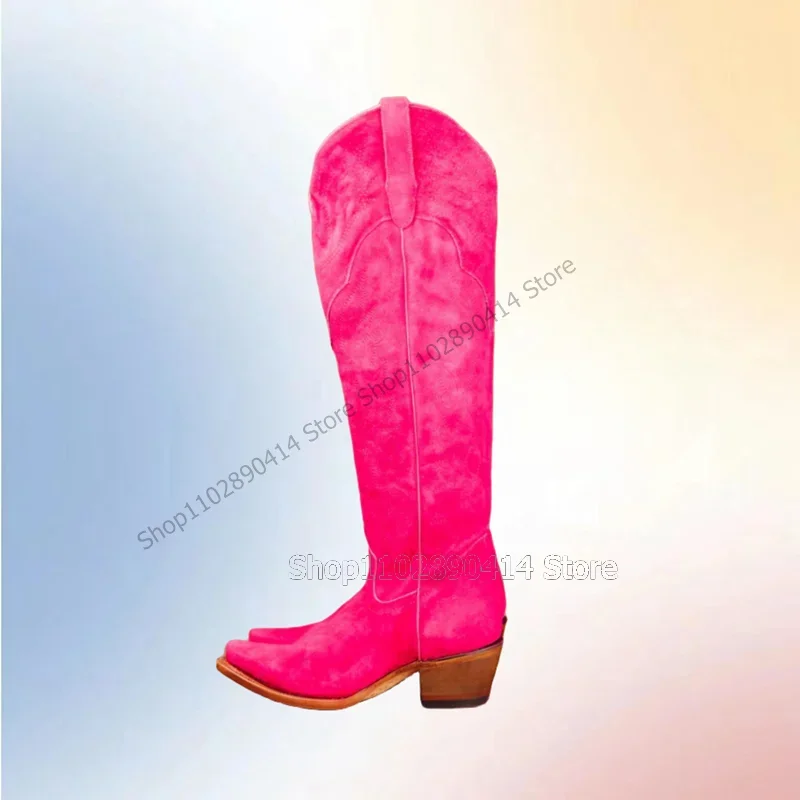 Pink Sewing Totem Design Pointed Toe Boots Slip On Women Shoes Chunky Heels Western Style Fashion Party 2023 Zapatos Para Mujere