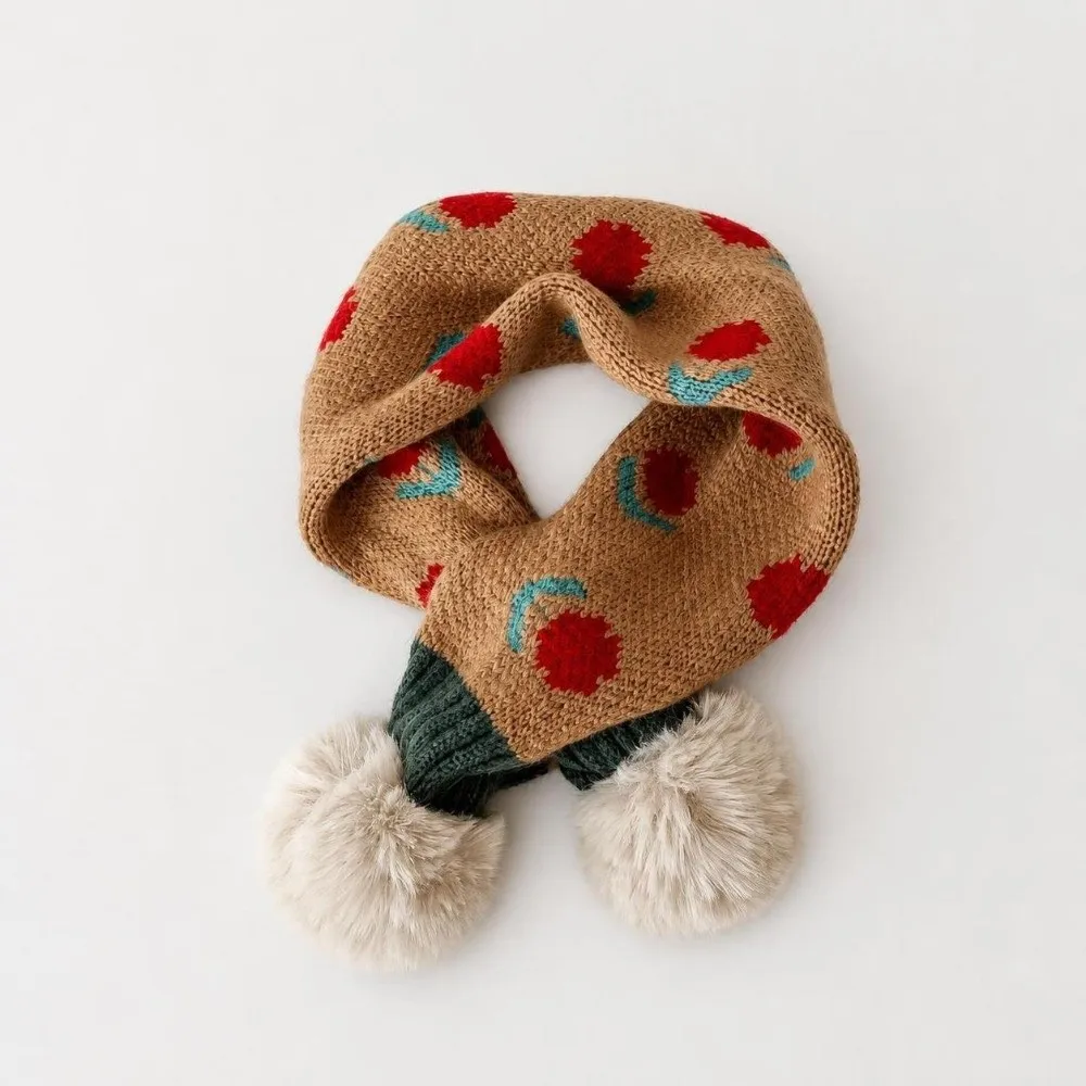 Jacquard Pattern Children Knitted Scarf Flower Print Pompon Girls Scarf Windproof Thick Boys Anti-Cold Scarf