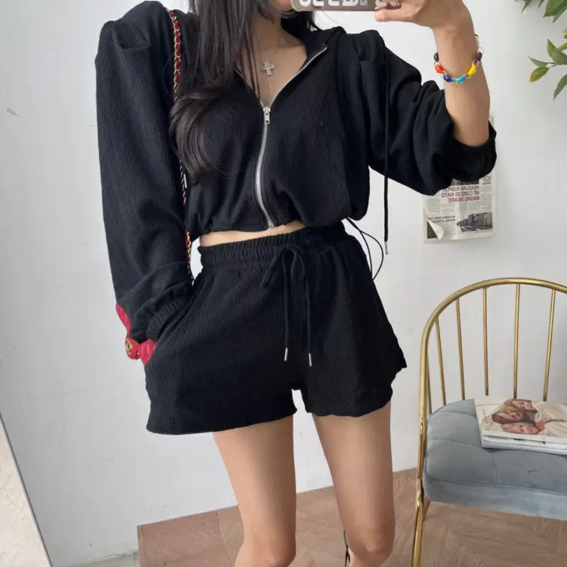 

East Gate Women's Casual Long Sve Bubble Hoodie Top And orts Set Spring Faion Breathable Cotton High Waist Zipper