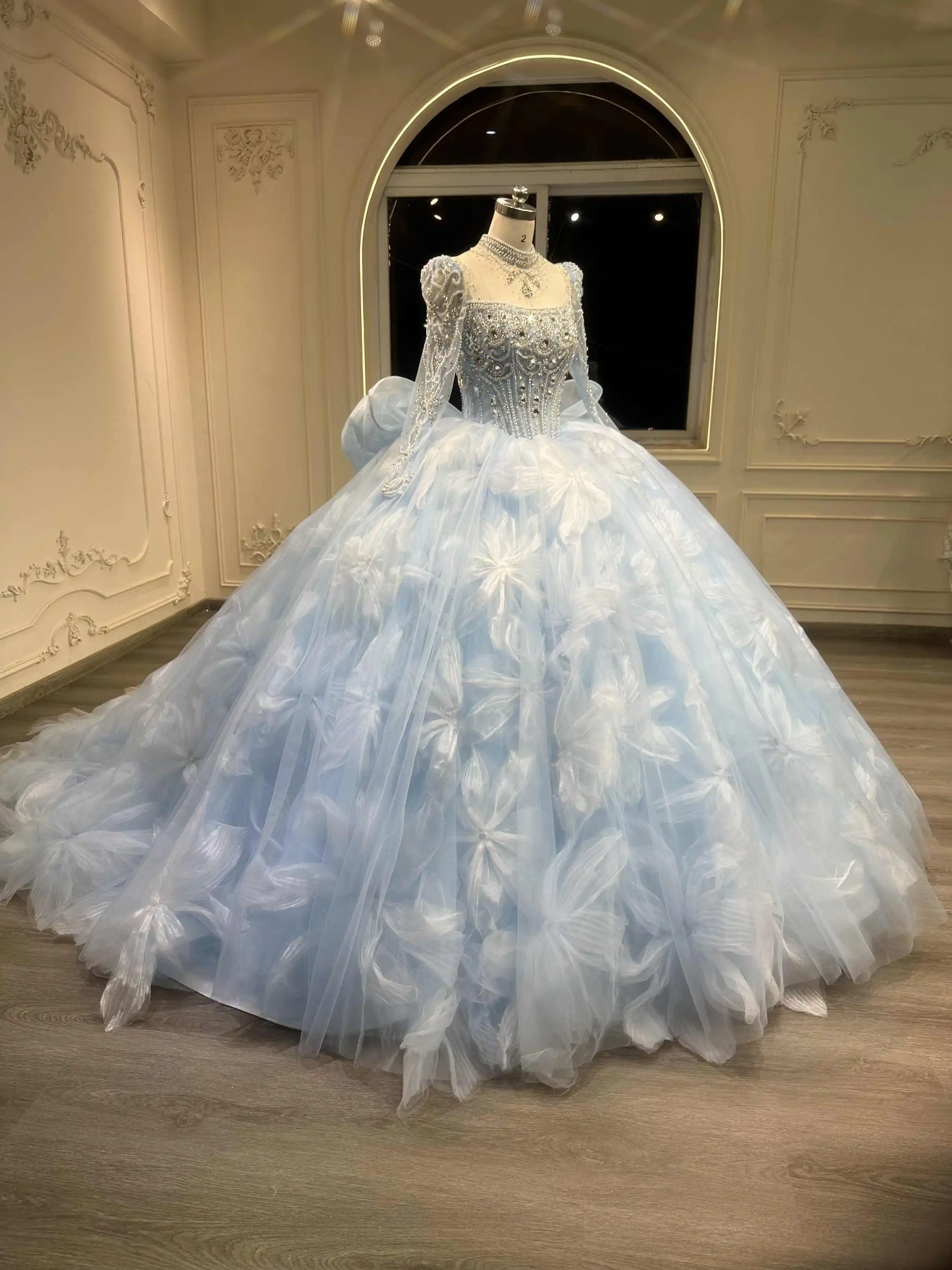 2025 New Blue White Floral Bridal Gown Strapless Dress with Large Train Handmade Craftsmanship Exquisite Design