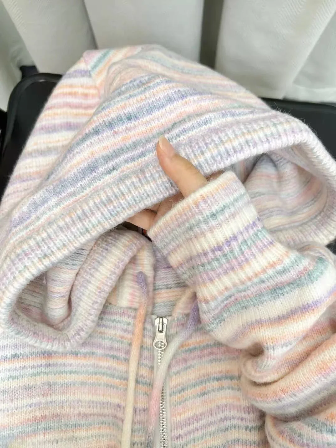 

plus Size Women's Rainbow Stripes Knitted Hoodie Cardigan Spring Casual Loose Fit Long Sleeve Zipper Closure Outerwear