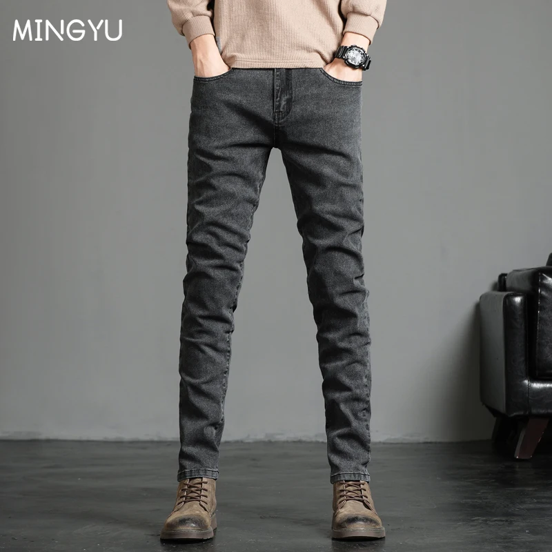 Men's Skinny Grey Jeans Fashion Casual Elastic Cotton Slim Korea Blue Biker Pencil Denim Trousers Male Hip Hop Brand Clothing