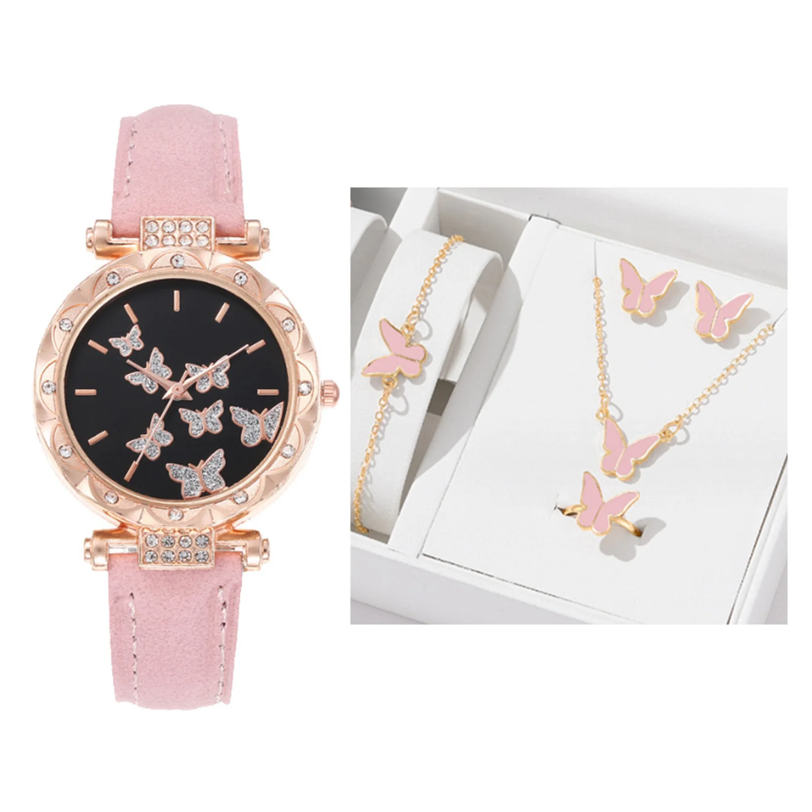 

Women's Luxurious Watch Set With Butterfly Necklace and Rings and Earrings for Business Meeting Dating