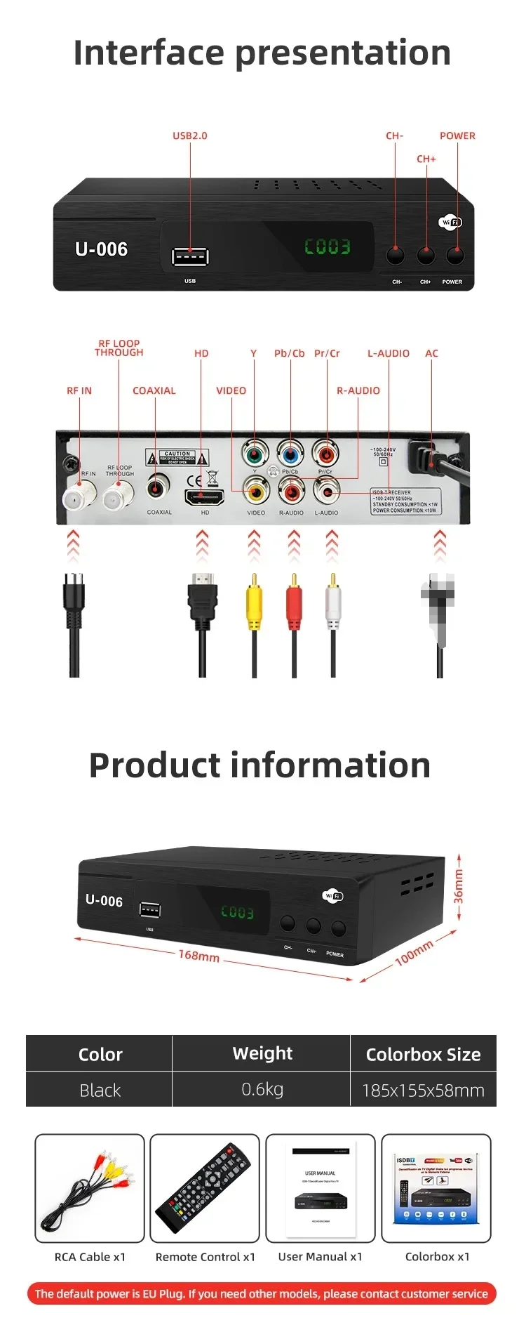 U-006 بيرو محول رقمي ISDBT TDT TV فك HD FTA ISDB-T استقبال موالف التلفزيون 1080P H.264 MPEG-4 Y0ضبط الصندوق العلوي