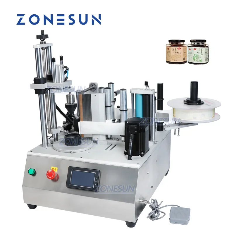 ZONESUN Etichettatrice semiautomatica per bottiglie rotonde esagonali Salsa Marmellata Miele Etichetta adesiva Applicatore Etichettatrice avvolgente ZS-TB300W