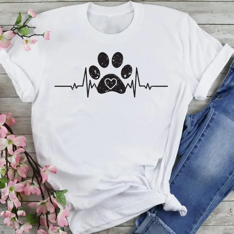 Women Graphic Beach Vacation Dog Paw Trend Cartoon Summer Fashion Wear Vacation Print Short Sleeve Tops Tees Tshirt T-Shirt