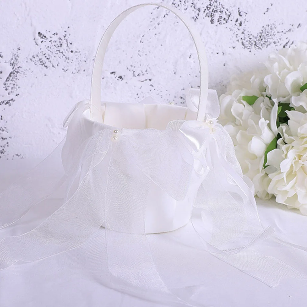 

Flower Girl Baskets Hand Held Wedding Basket Premium Cloth Mesh Bowknot Decorations for Wedding Events Storage