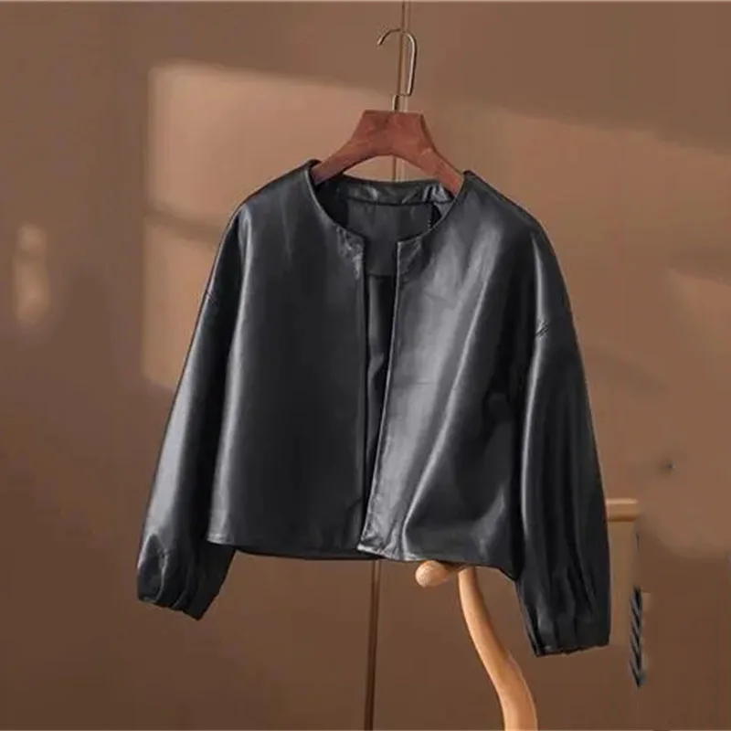 Fashion Khaki Black Leather Jacket Spring Autumn Women Coat Round-Neck Lantern Sleeve PU Leather Short Coat Motorcycle Clothing