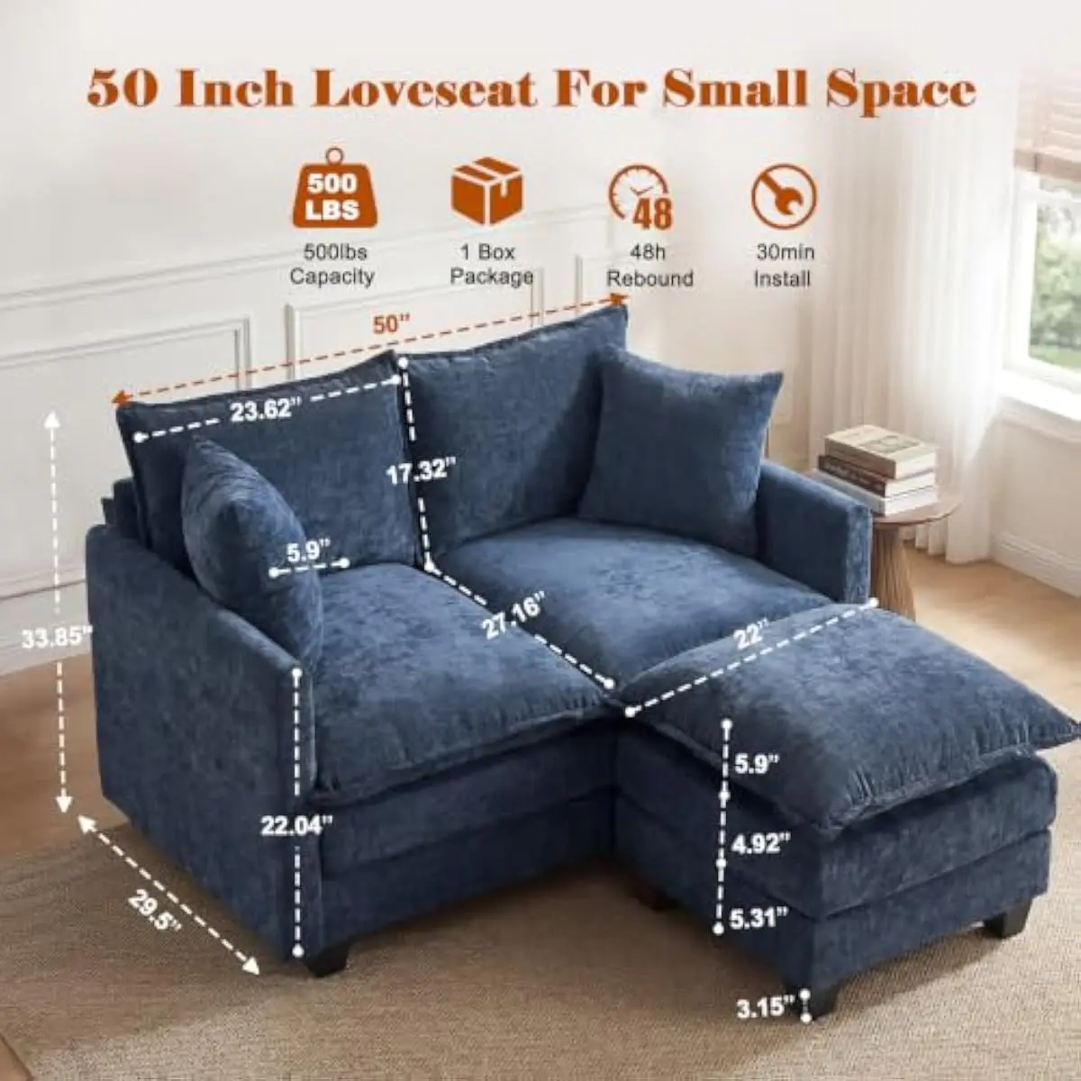 50 Inch Modern Two-Seater Loveseat with Deep Ergonomic Seat Depth 27.16 Inches and Dual-Layer Cloud Cushion 10.8 Inches Thick fo
