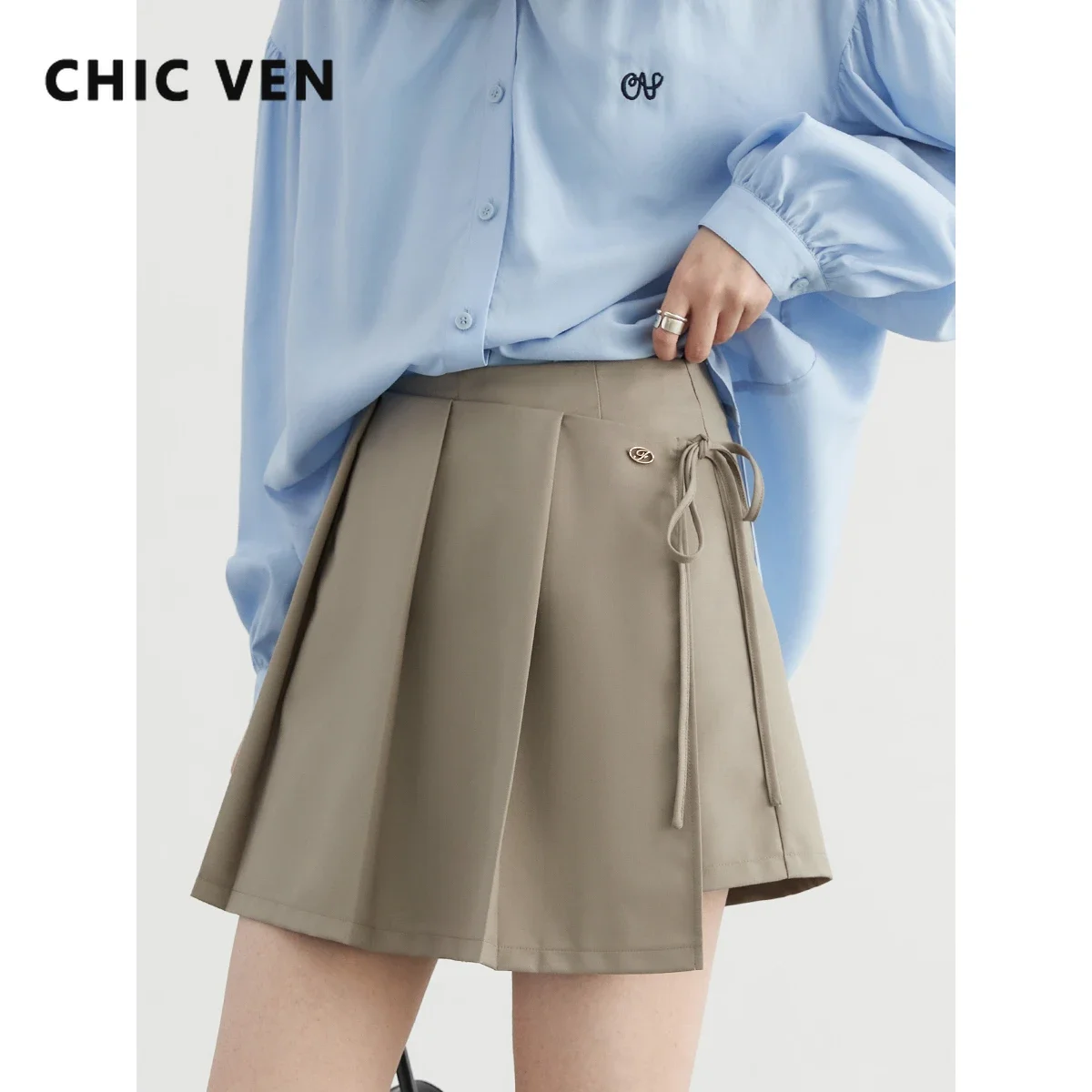 CHIC VEN Spódnice damskie Slim New Casual High Waisted Pleated Casual Pants A-line Lace Up Shorts Skirt Early Autumn 2024