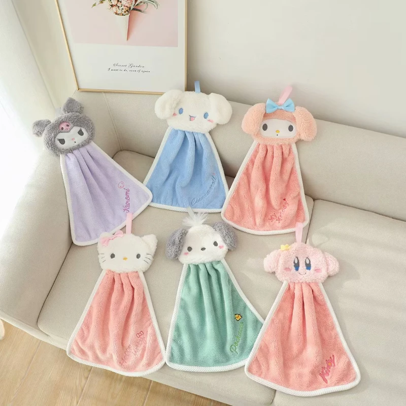 Cute Cartoon Kuromi Cinnamoroll Coral Velvet Hanging Kitchen Bathroom Children's Absorbent Hand Towel Square Towel