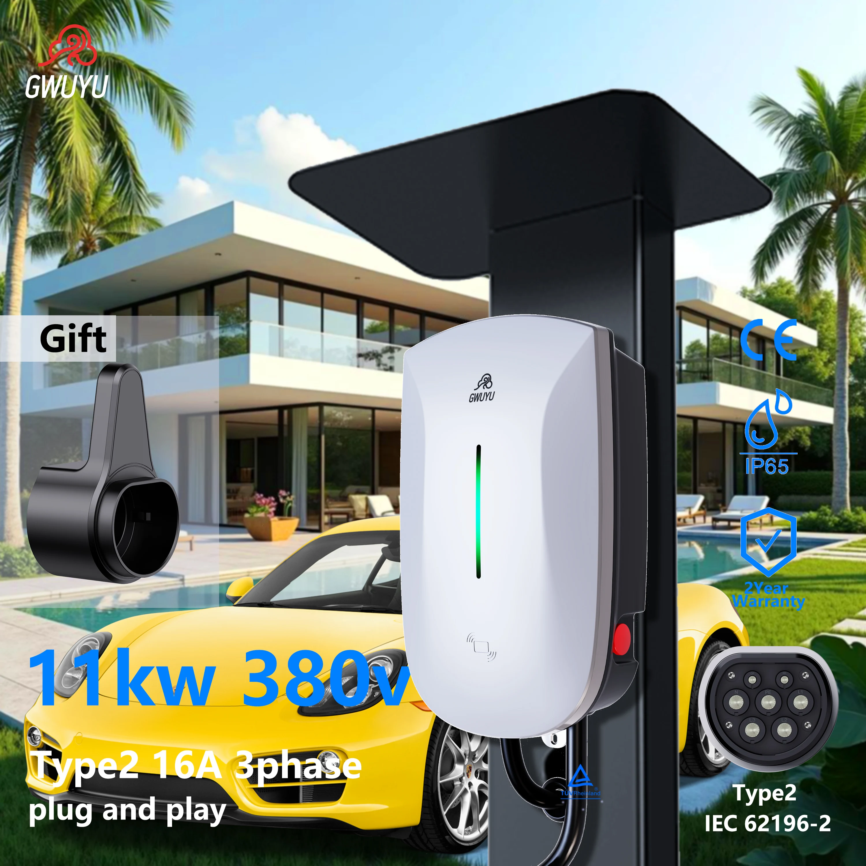 

GWUYU 11/22KW 16/32A Type2 Electric Vehicle Charger Car Charging Station Wallbox EV Charger 380V With WiFi APP A-Type Protection