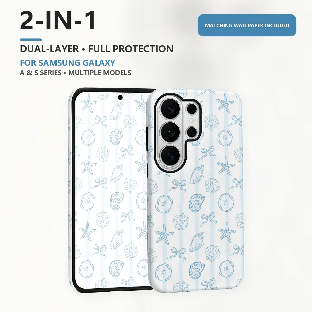 Blue Seashell Pattern 2-in-1 Dual-Layer Phone Case for Samsung Galaxy S26 S25 S24 Plus Ultra FE S20 FE A56 A17 A16 A15