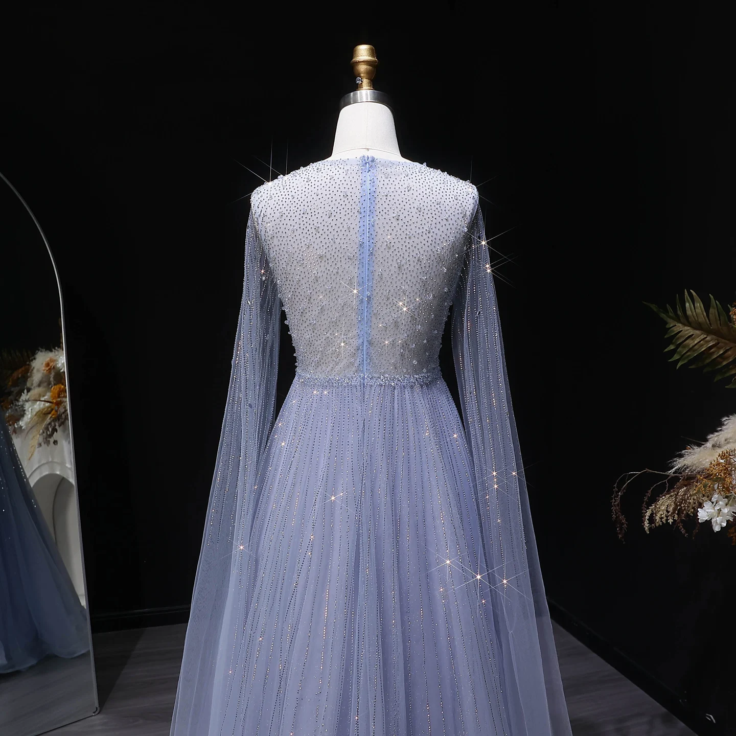 Sharon Said Luxuriöse Dubai Perlen-Kristall-Tüll-Abendkleider Elegante Cape-Ärmel Formelle Ballkleider SS054 Maßanfertigung – Detail 9
