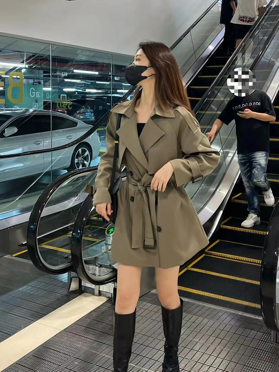 

Укороченный плащ, женская одежда с отделкой, стираная форма, Roupas Femininas, ветровка с лацканами и вырезом, длиной до щиколотки, женский больше