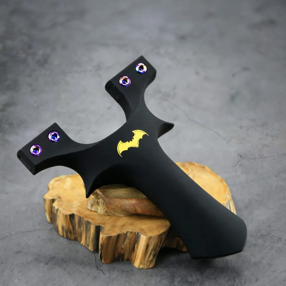 Black Resin Y-Shaped Slingshot with Flat Top Clamp, Colorful Screws and Golden Bat Graphic for Outdoor Target Practice