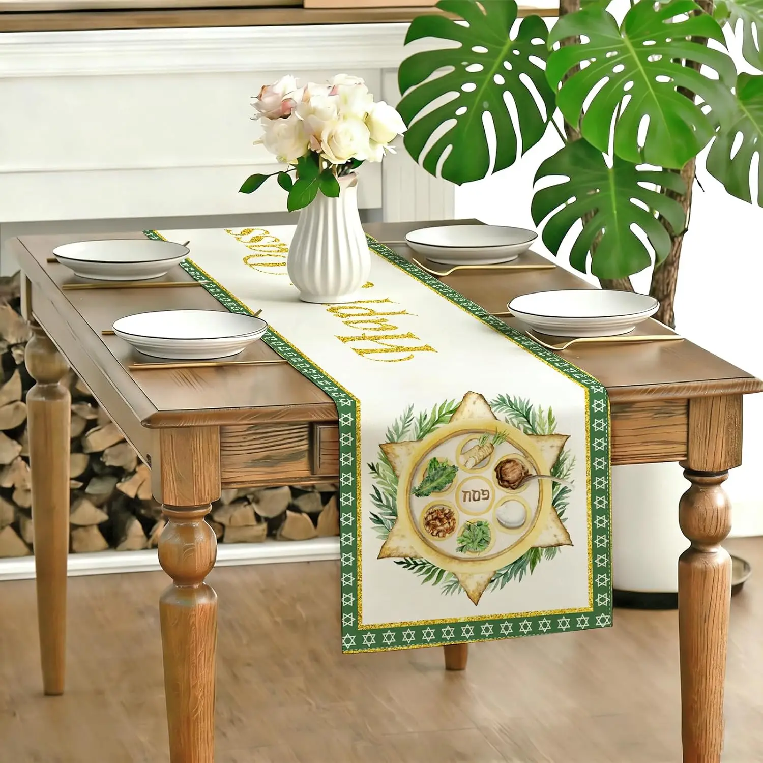 Passover Linen Table Runner Jewish Festival Decor Reusable Pesach Star of David Kitchen Dining Table Runner Passover Decorations