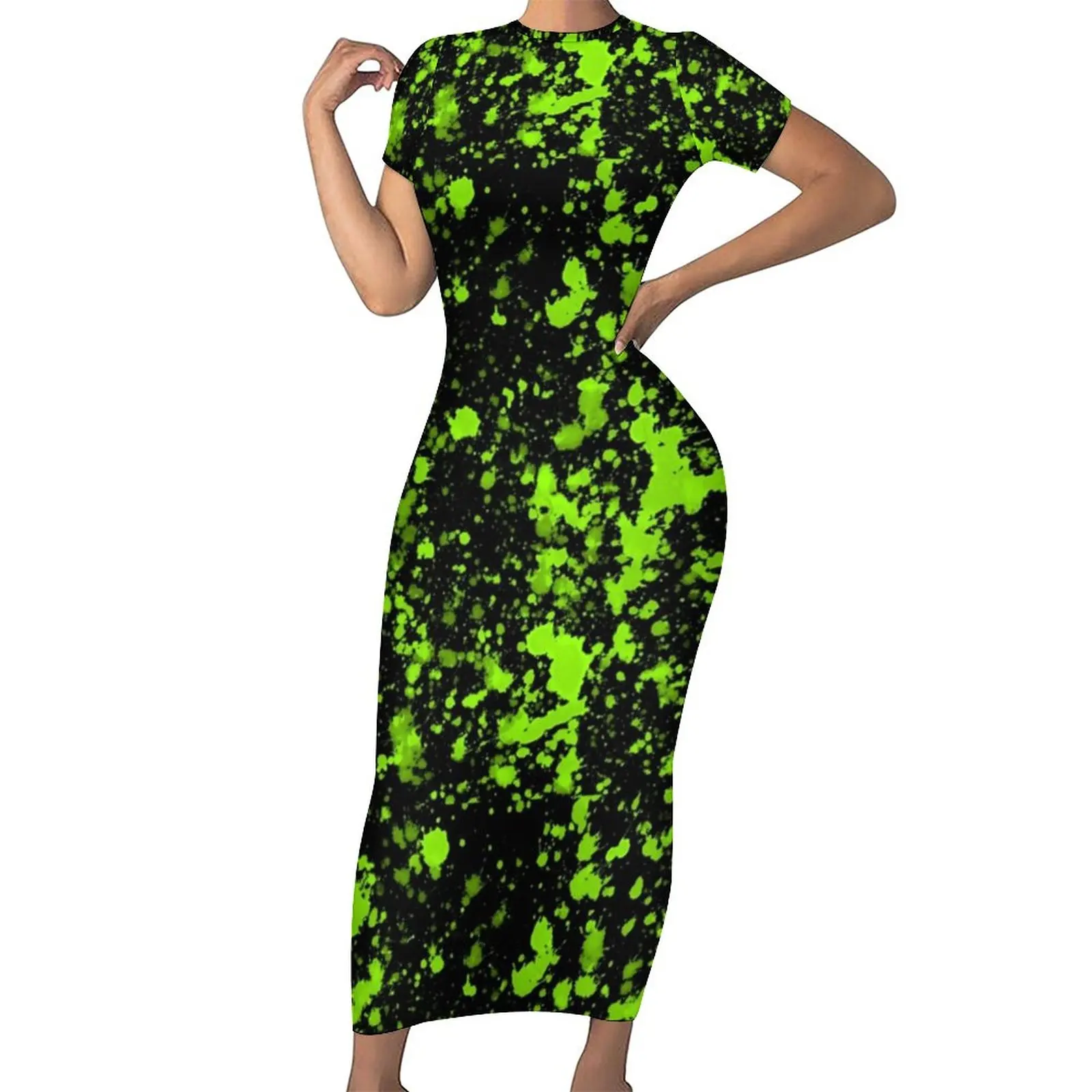 Green Paint Splatter Dress Women Cool  Neon Print Aesthetic Bodycon Dress Summer Elegant Maxi Dresses Custom Oversized Clothes