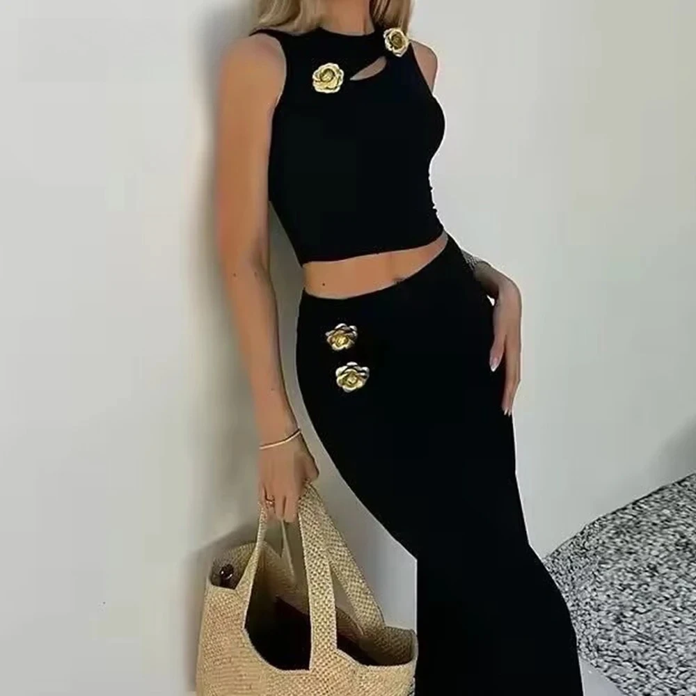 KONDALA Chic Club Solid Women Suit Sexy Tank Short Top Sheath Long Pleated Skirt Fashion 2025 Summer Golden Button Luxurious Set