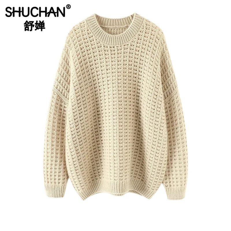 Hollow Out Sweater Women Oversized Pure Cashmere High Quality Winter  Thick Warm O-Neck  LOOSE  Pullover  Korean Fashion