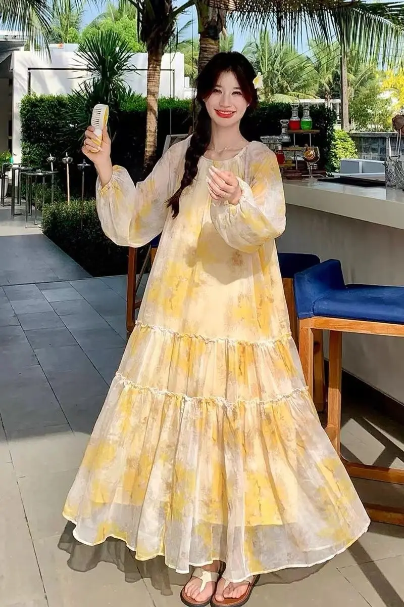 

Элегантные женские платья с цветочным принтом 2026, осень-зима, с круглым вырезом, расклешенными длинными рукавами, с рюшами, большие качели, длинная юбка TS735