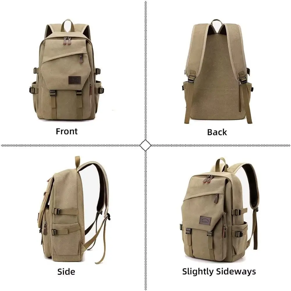 Man Casual Canvas Backpack Vintage Lightweight 15.6Inch Laptop Backpack Daily Life Travel Daypack Multi Pocket Hiking School Bag