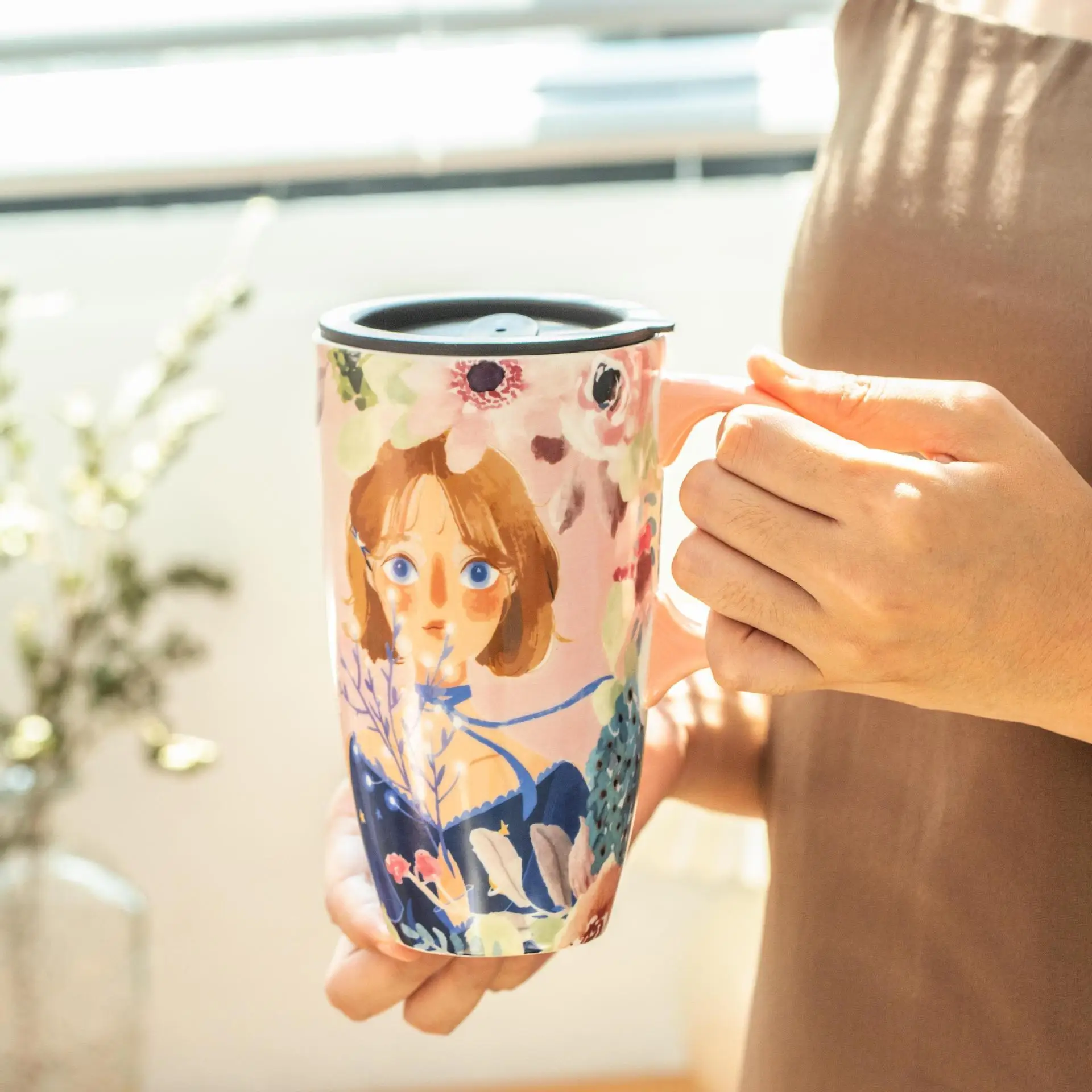 Light Fresh Large Capacity Ceramic Mug Cute Girl Style Mug with Lid High Aesthetic Appeal Household Coffee Cups Retro Water Cups view 5