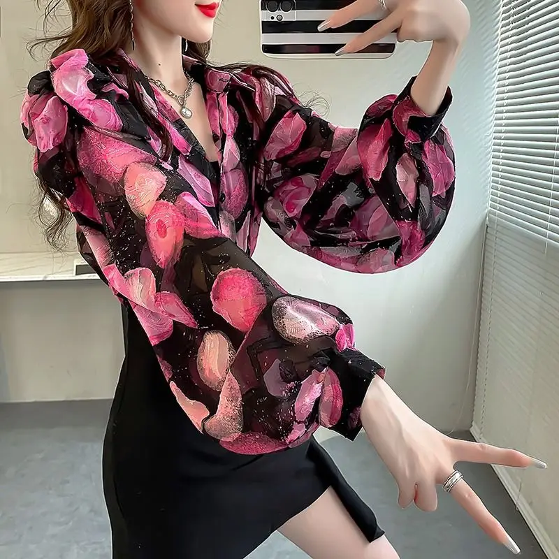 

Fashion New Chiffon Printing Long Sleeve Shirts Ladies Temperament Blouses Elegant Sweet Tops Summer Thin 2024 Women's Clothing