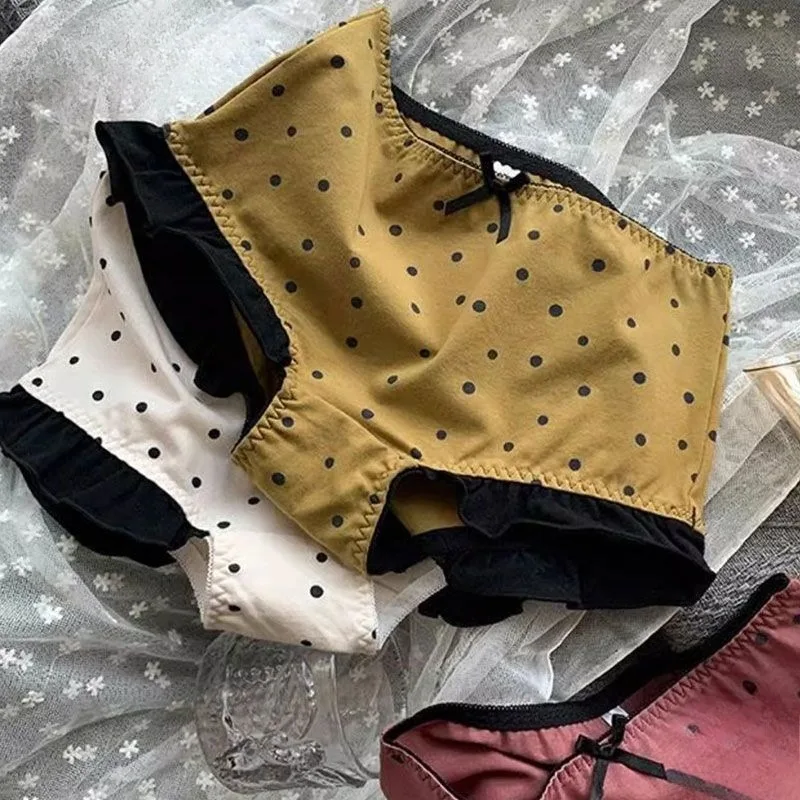 

Хлопковое нижнее белье в японском стиле для женщин, тонкие удобные сексуальные брюки в горошек со средней талией и треугольными чашечками на бедрах