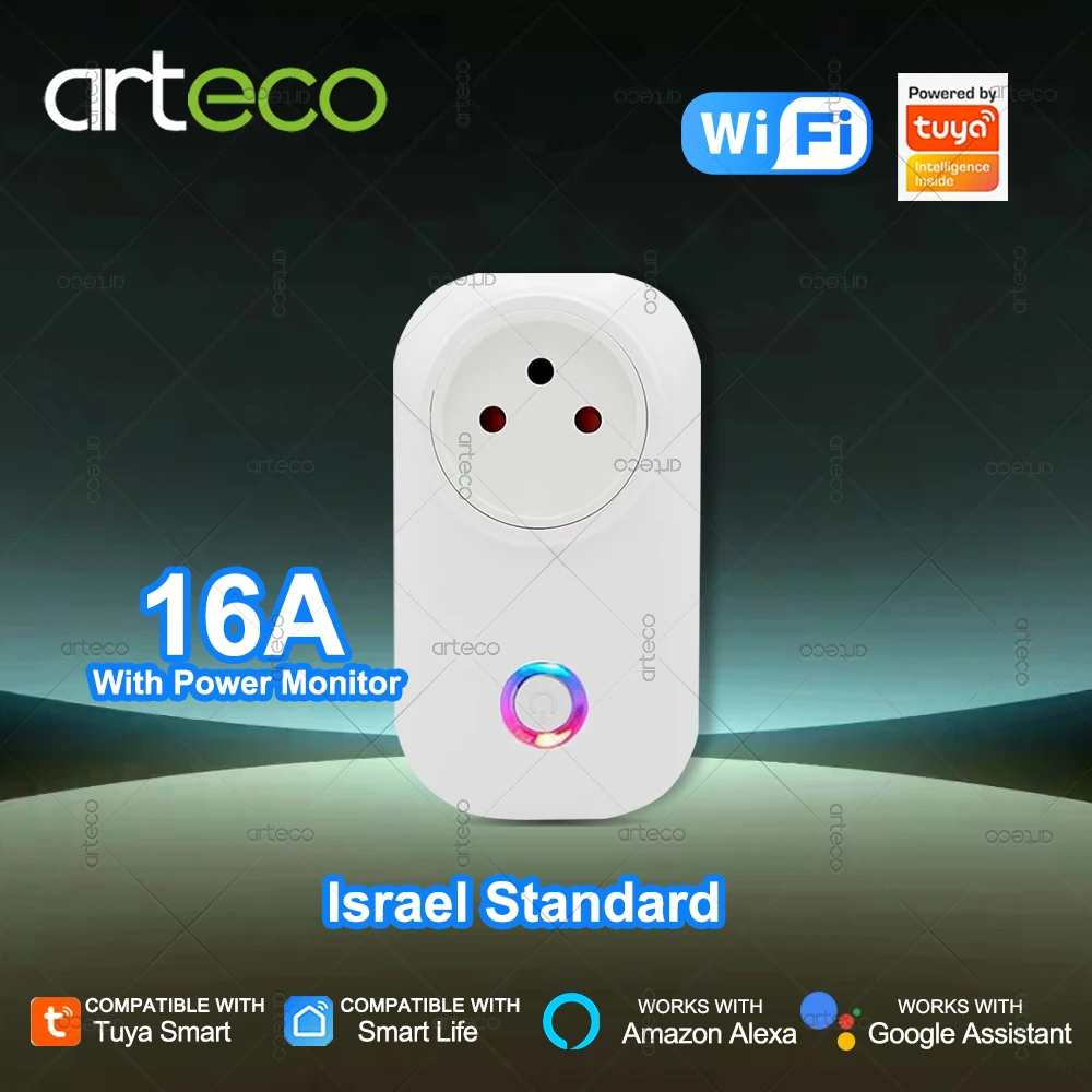 

Tuya 16A Израильская умная розетка Wi-Fi, с монитором энергии, розеткой, голосовым управлением через Alexa/Google, дистанционным управлением через приложение и таймером