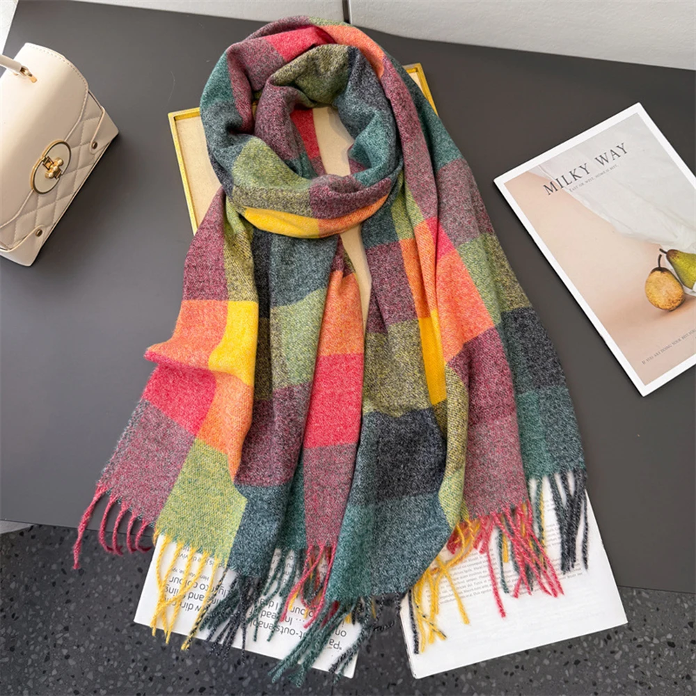 Luxus Winter Regenbogen Plaid frauen Imitation Kaschmir Schal Warme Tücher und Wraps Thicked Pashmina Weibliche Decke Schals