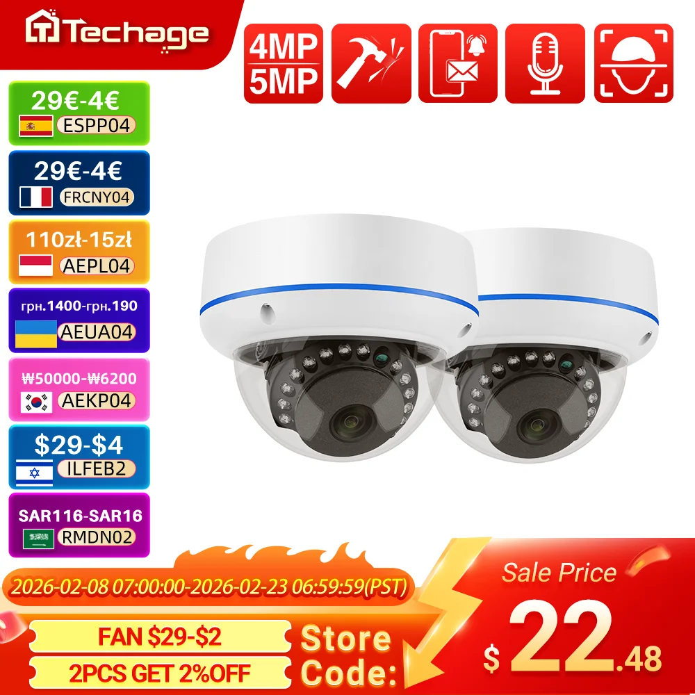 

Techage H.265 4MP 5MP Внутренняя сферическая 48V POE Сетевая камера Одностороннее звуковое стекло IPC P2P Видео CCTV Монитор без