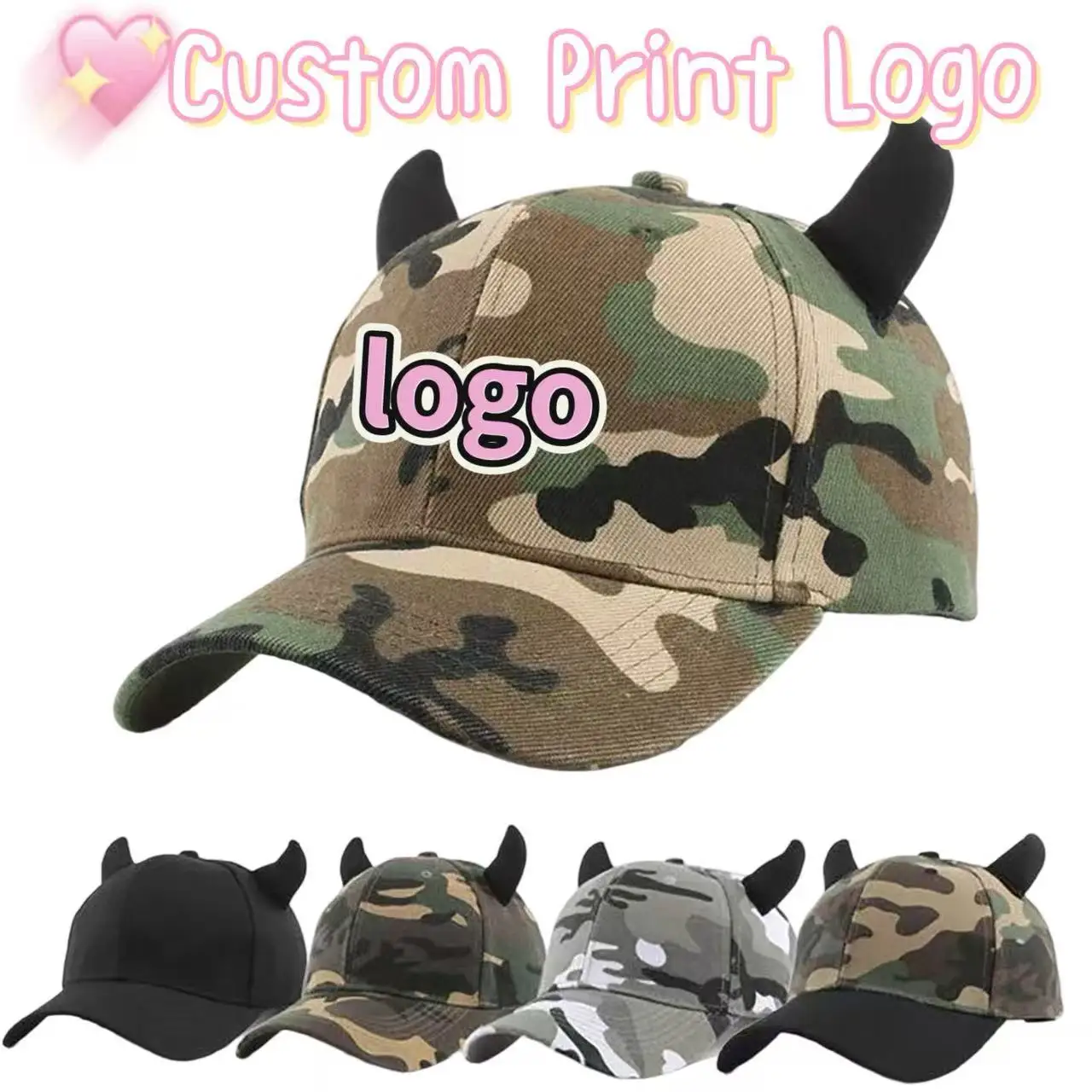 Customized Printed Logo Demon Ox Horn Camouflage Baseball Caps Men's And Women's Cute Street Fashionable Hip-Hop Duck Tongue Hat