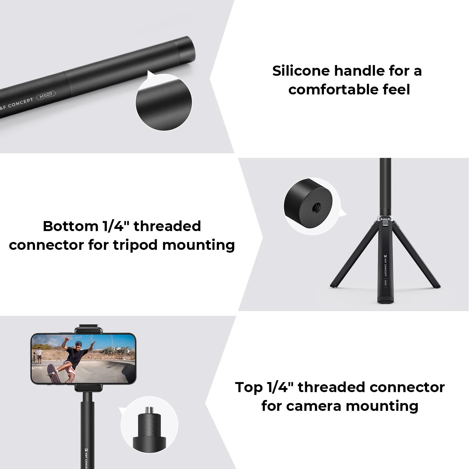 K&F Concept 120 cm actiecamera-statief, selfiestick, onzichtbare uitschuifbare draagbare grip, selfiestick statief compatibel met Go Pro Hero 13, 12, 11, 10, 9, 8, DJI Osmo Action 5 Pro 4 3, Insta360