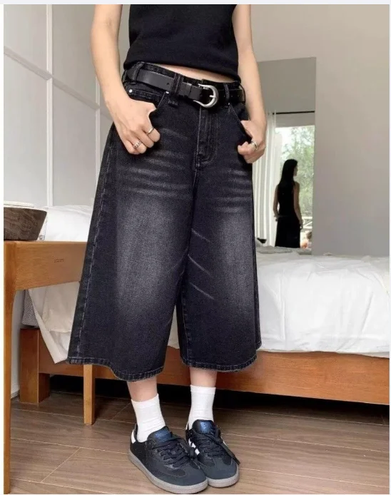Harajuku Vintage High Waist Black Retro Washed Denim Shorts Women's Fashion Casual Loose Fit Y2K Streetwear Mid Long Short
