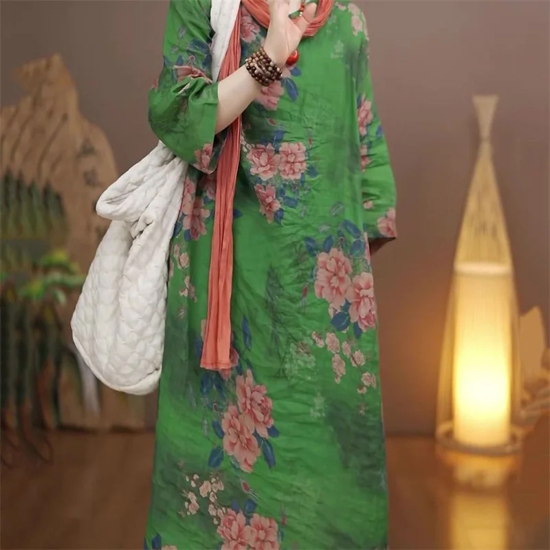 Grün Floral Print Ethnische Kleider Frauen Weiche Hülse Mit Drei Vierteln Sommer Kleid Vintage Baumwolle Linie Lange Vestidos
