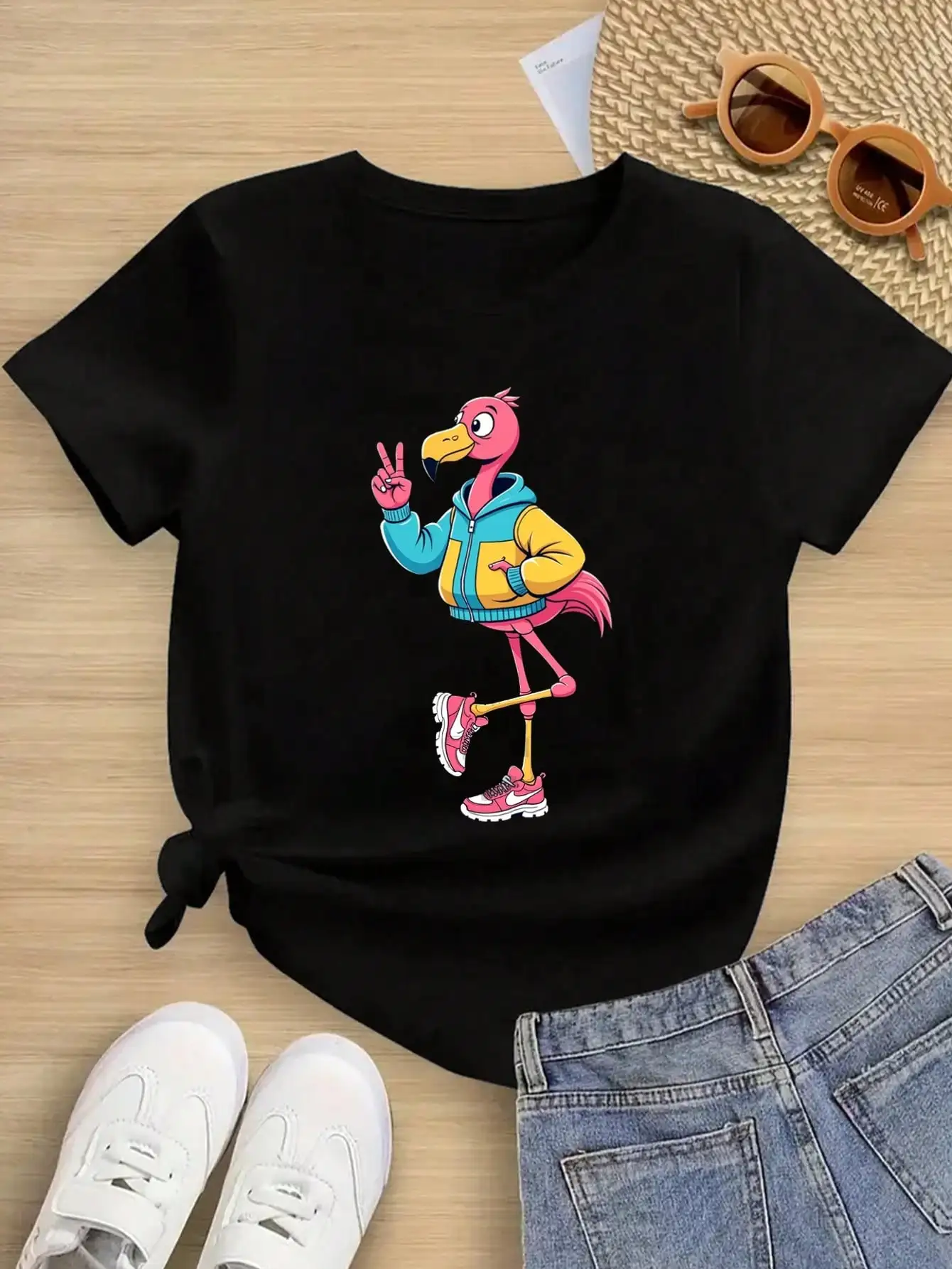 

Boys/Girls Summer Flamingo Vibe Cotton Graphic Tees, Black Casual Summer Tops With Funky Cartoon Flamingo