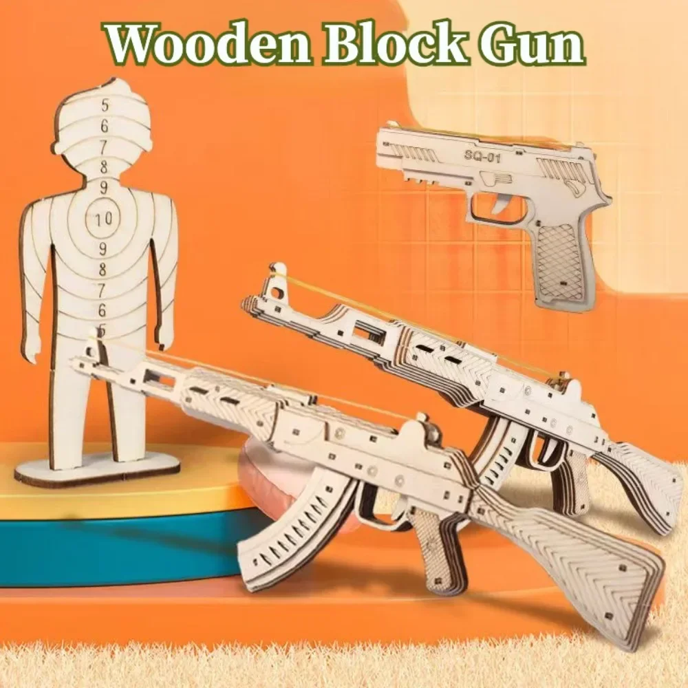 Rubber Band Gun 3D Wooden Building Block Mechanical AK47 Model Kit Assembly Building Puzzle Toy for Children Birthday Gifts