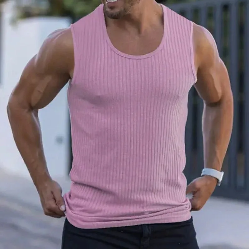 2024 Summer men sleeveless wide shoulder knitted striped muscle Fitness sports casual slim-fit back heart hipster man