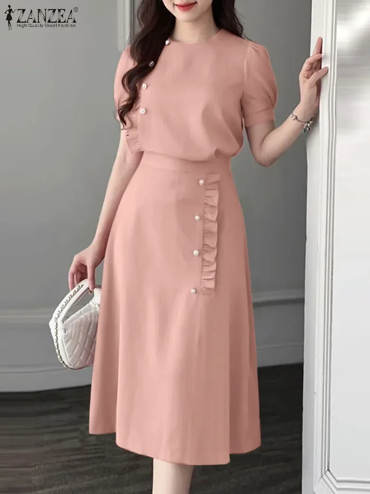 ZANZEA 2025 ฤดูร้อนผู้หญิง 2PCS ชุดพัฟแขนสั้น VINTAGE Ruffled ปุ่มชุดกระโปรงยาวอย่างเป็นทางการชุด