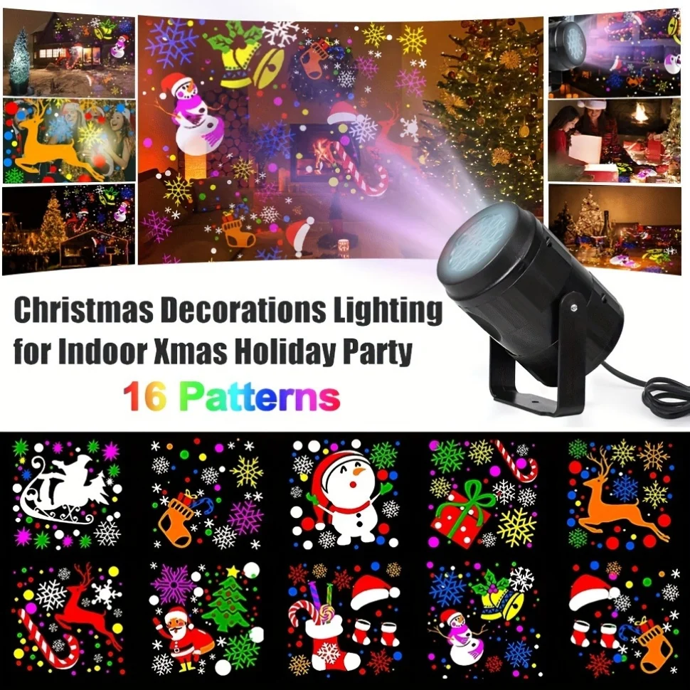 USB LED Christmas Projector Lamp, Papai Noel, Floco de Neve, Fairy Light para Bedroom Party, Decoração Interior, Novidade, 16 Padrões